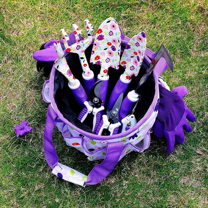 Floral Purple Garden Tool Set Gardening Gifts for WomenGarden Pruning Shears SetHeavy Duty Gardening Tools KitStorage Tote Bucket Bag OrganizerBirthday Gifts for Her