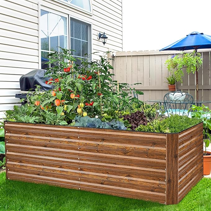 Homdox Galvanized Raised Garden Bed 6x3x2ft Galvanized Planter Garden Boxes Outdoor Thickened Large Metal Planter Box for Gardening and Planting Vegetables and Fruits (Wood Grain)
