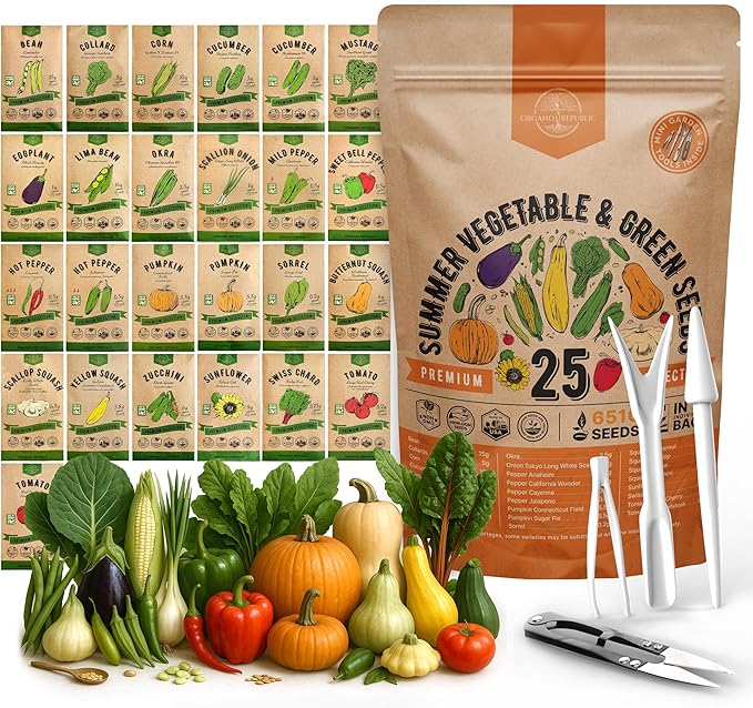 Organo Republic 25 Summer Vegetable Garden Seed Variety Pack - 6510+ Non-GMO Heirloom Veggie &amp Greens Seeds for Outdoors &amp Indoor Home Garden Including Collards Pepper Okra Onion Bean C