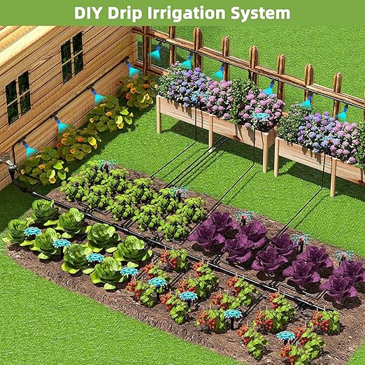 250FT Drip Irrigation System Kit Automatic Garden Watering System with 1/2 Hose and 1/4 Distribution Tubing-Adjustable Nozzles &amp Sprinklers for Garden Irrigation Yard Lawn Potted Plants。