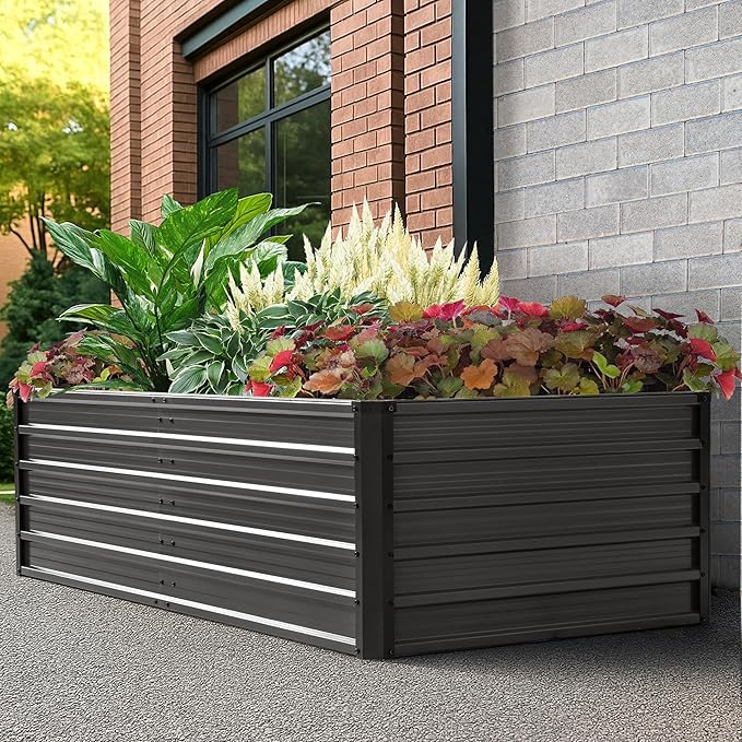 NUU GARDEN 6x3x2ft Rectangular Galvanized Raised Garden Bed for Gardening Elevated Planting Metal Planter Box Outdoor Patio Planting Bed for Vegetables Flowers Herb Dark Gray