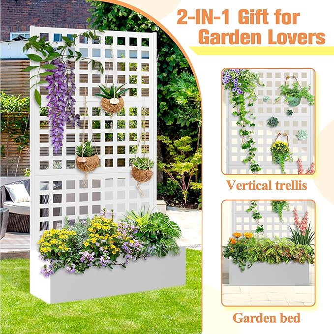 Metal Planter Box with Trellis &amp Wheels Raised Garden Bed with Privacy Screen Outdoor Standing Flower Beds with Drainage Hole for Climbing Plants Vine 35 Lx16 Wx71 H