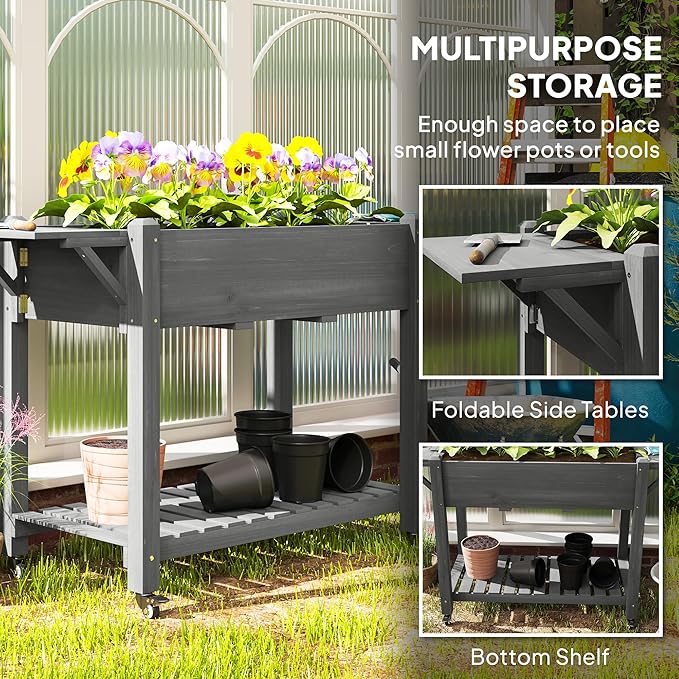 Outsunny Raised Garden Bed 57 x 20.5 x 34 in Wood Elevated Planter Box with Lockable Wheels Side Tables and Bottom Shelf Outdoor Raised Planter with Bed Liner and Drainage Holes Gray