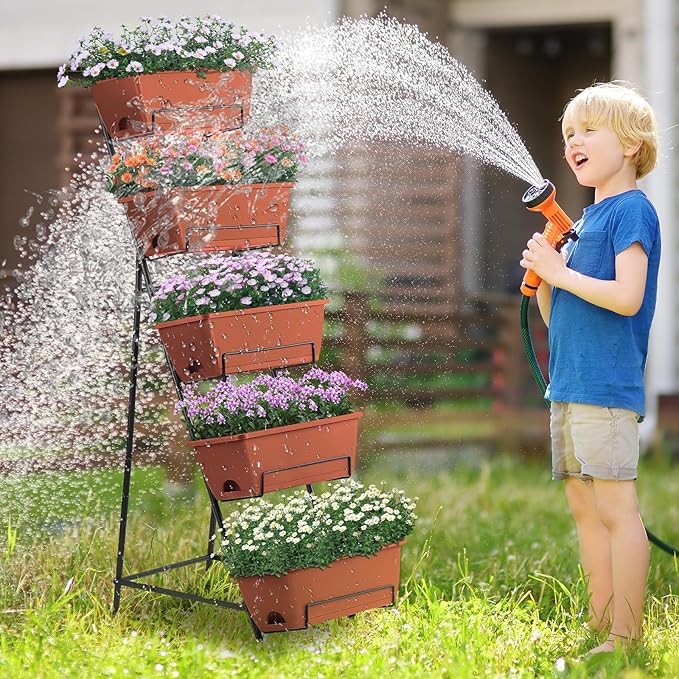 5 Tier Vertical Raised Garden Bed Planter Box Vertical Raised Bed with Drainage Holes for Indoor Outdoor Herbs Flowers Vegetables Plants Red