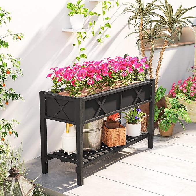 Outsunny Raised Garden Bed Elevated Wood Planter Box with Storage Shelf Drainage Holes and Liner for Backyard Patio Balcony 47 x 22 x 31.5 in Black