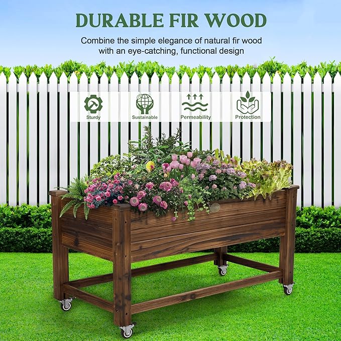Cedar Wood Outdoor Raised Garden Bed Planter Box with Locking Wheels 41x21x20 inch Carbonization Color