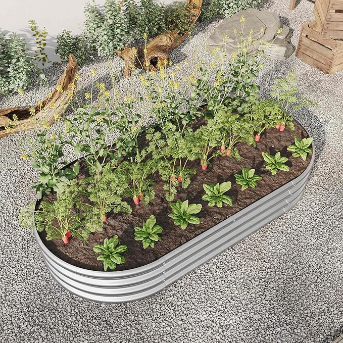 Raised Garden Beds Outdoor Oval Large Galvanized Metal Planter Box with Kit Above Ground Garden Bed for Vegetables Fruits and Flowers (Silver 6×3×1)