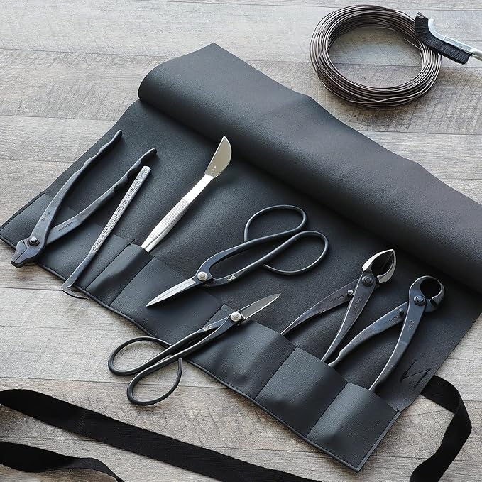 Wazakura Made in Japan Bonsai Tool Case in Polyurethane Leather Japanese Garden Tool Kit Roll Storage Bag - Black PU Leather