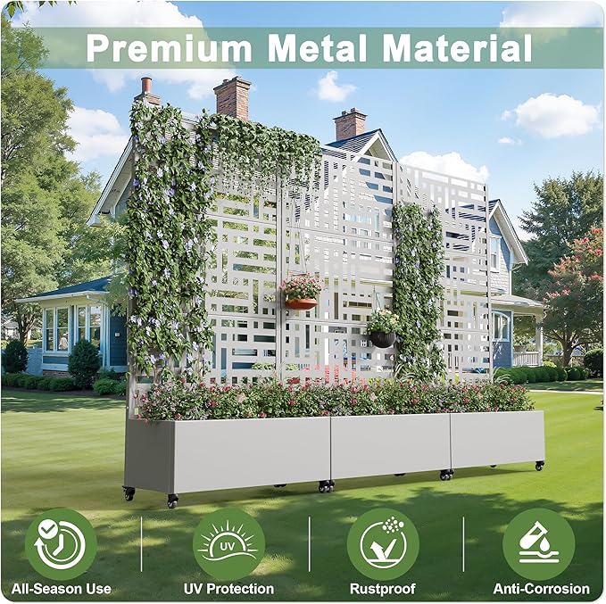 Casaphoria Metal Raised Garden Bed with Trellis and Wheels 72x35x16 Planter Box for Climbing Plants Vegetables &amp Vines Features Drainage Holes and Privacy Screen (Grey-Helen)