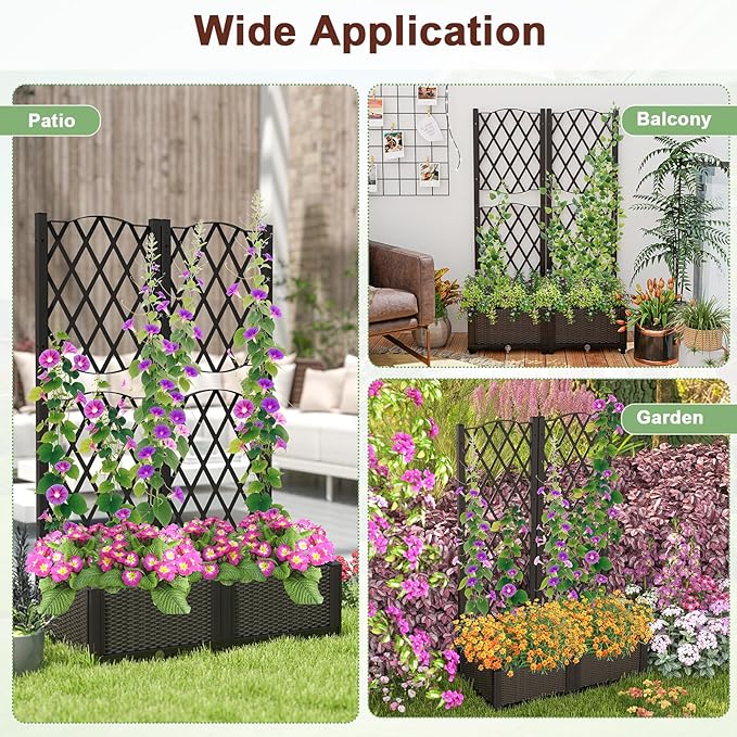Giantex 2 Pack Raised Garden Beds with Trellis Planter Box for Vine Growing Climbing Vegetable Herb Flower Outdoor Floor Plant Bed with Self-Watering Drain Hole for Yard Balcony