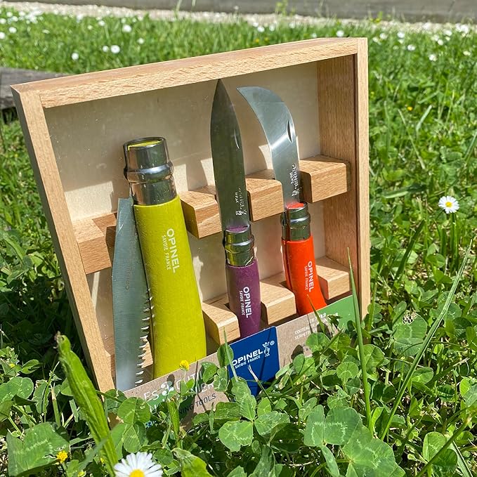 Opinel 3 Piece Gardening Tool Set - No. 12 Folding Saw No. 8 Pruning Knife No. 8 Garden Knife - Vibrant Painted Handles Stainless Steel and Carbon Steel Blades - Made in France