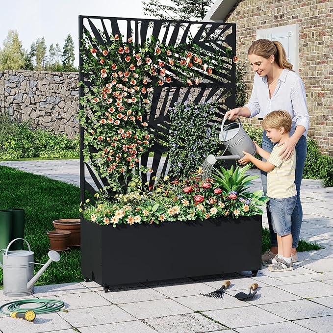 Galvanized Metal Planter Box with Trellis 47X16X71 Raised Garden Bed (with/Without Wheels) Privacy Screen for Climbing Plants Veggies &amp Vines Patio Planter with Drainage Holes 16 Deep