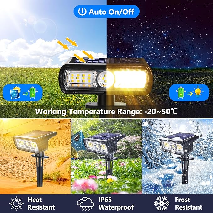 Toodour Solar Spot Light Outdoor 6 Pack Solar Lights Outdoor with 2 Modes Waterproof Solar Powered Flood Lights Landscape Lighting for Yard Garden Home Pathway Walkway Outdoor Decor - Warm White