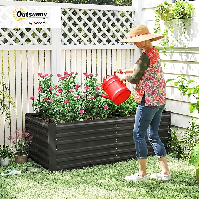 Outsunny Galvanized Raised Garden Bed Kit Large and Tall Metal Planter Box with Reinforcing Bars for Vegetables Flowers and Herbs 6' x 3' x 2' Black