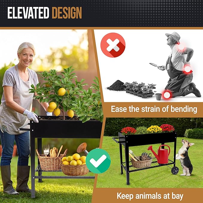 Home-Complete Raised Garden Bed - Planter Box with Storage Shelf for Growing Flowers Vegetables or Herb Garden - Gardening Supplies (Black)