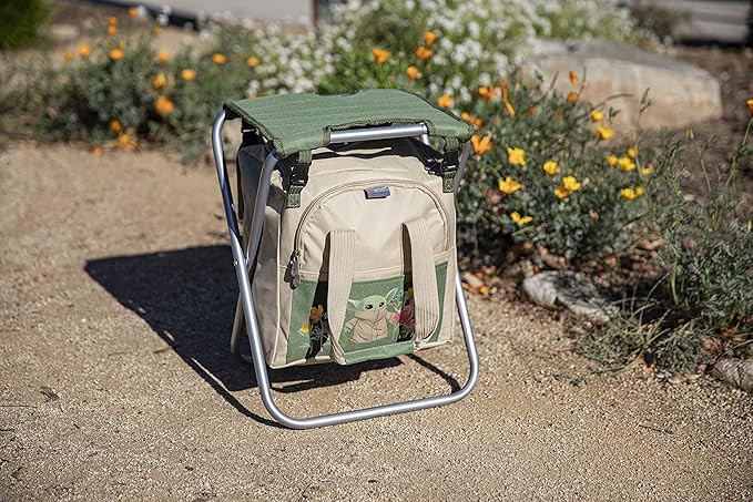 Picnic TIME Star Wars The Mandalorian Grogu Gardener Folding Seat with Tools 5 Piece Garden Tool Set with Folding Stool and Detachable Tote Organizer (Olive Green with Beige Accents)
