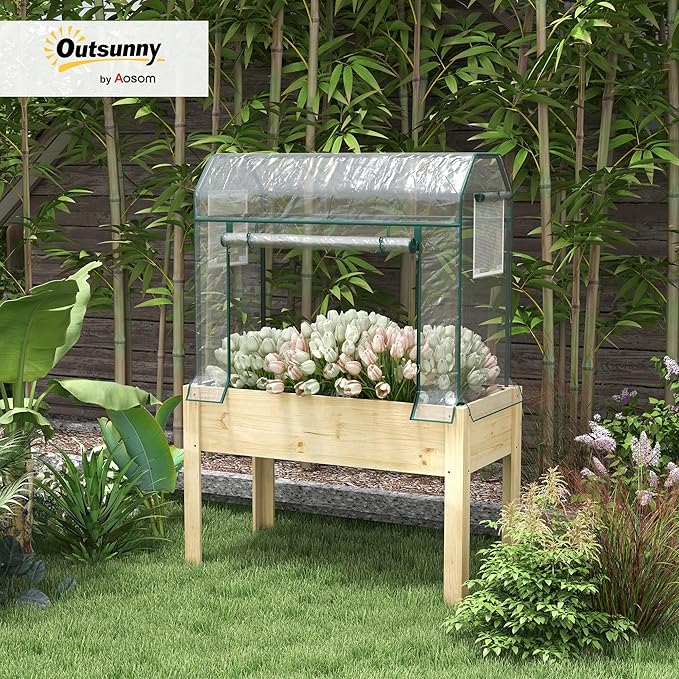 Outsunny Raised Garden Bed with Plastic Greenhouse Cover and Bed Liner Outdoor Elevated Wood Planter Box for Herbs and Vegetables Use for Patio Backyard Balcony 45 x 24 x 65 inch Natural