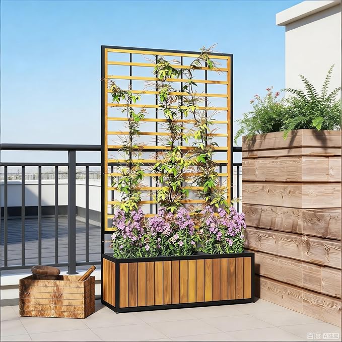 Wooden Raised Garden Bed with Trellis