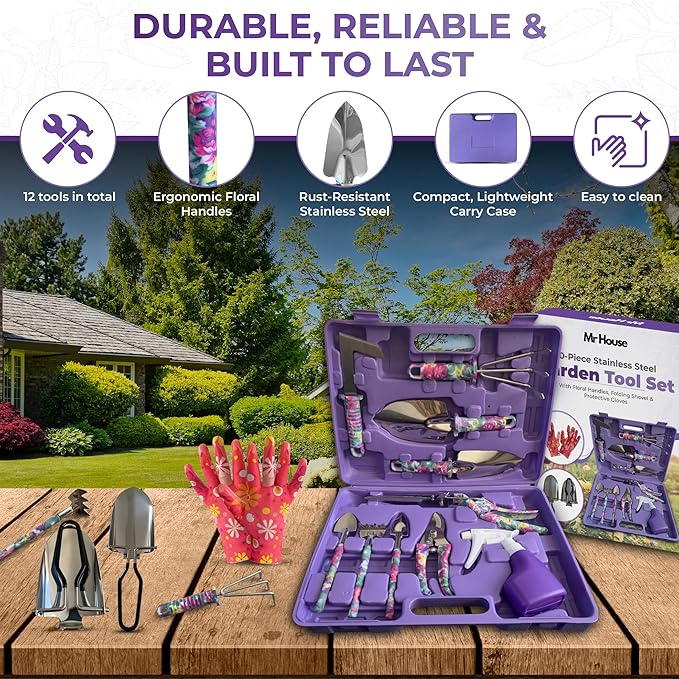 12-Piece Gardening Tools Set – Rust-Resistant Stainless Steel Hand Tools with Ergonomic Floral Handles &amp Carry Case Includes Folding Shovel &amp Gloves – Perfect Gardening Kit for Women &amp Be