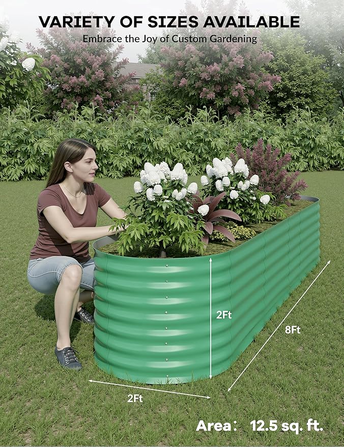 GarveeLife Galvanized Raised Garden Bed Outdoor 8x2x2 ft Oval Metal Planter Box for Flowers Vegetables Herbs- Green