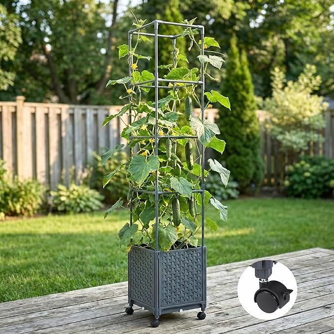 Raised Garden Bed with Tomato Planter Cage 56.7” Trellis Planter Boxes with Wheels for Outdoor Patio Greenhouse Gardening Climbing Vegetables