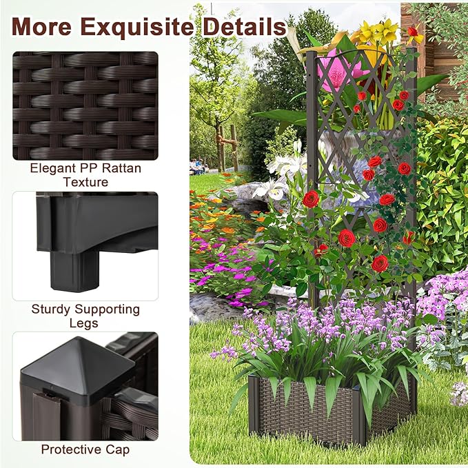 LDAILY Moccha Raised Garden Bed with Trellis - Planter with Trellis Self-Watering Device Drainage Hole Standing Garden Bed for Climbing Plant Vegetable Herb Flower (16”L x 16”W x 48”H)