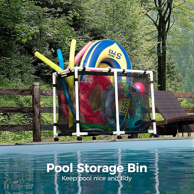 Pool Storage Bin 142 Gallons Holder for Noodles Toys Floats Towels Mesh Organizer for Swimming Equipments Basic Plus Style