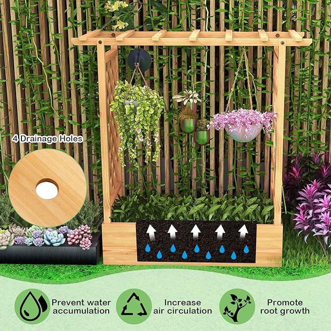 Raised Garden Bed with Trellis Wood Planter Box with Arch Trellis Hanging Roof &amp Drainage Holes Outdoor Elevated Planter for Garden Climbing Plants Flowers Vegetables (2)