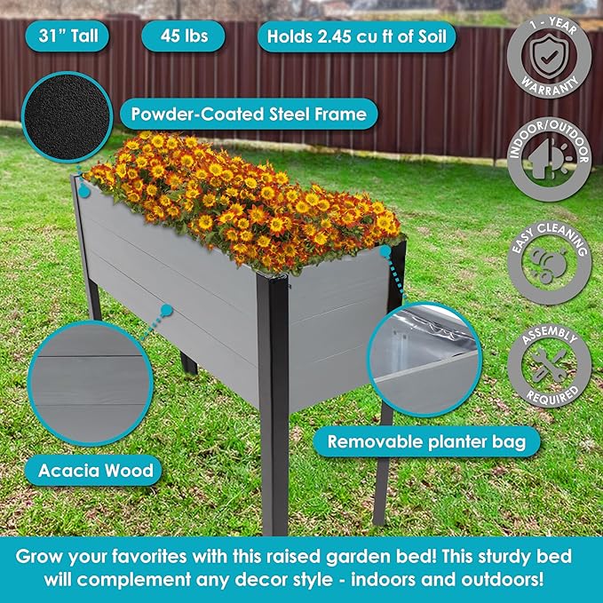 Sunnydaze Acacia Wood Raised Garden Bed with Legs - 31-Inch H - Powder-Coated Steel Frame - Removable Planter Bag - Gray