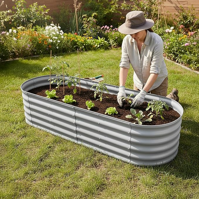 Relaxdays Raised Bed Galvanised Metal for Flowers Plants and Vegetables H x D x D: 45 x 200 x 60 cm Oval Plant Bed Light Grey