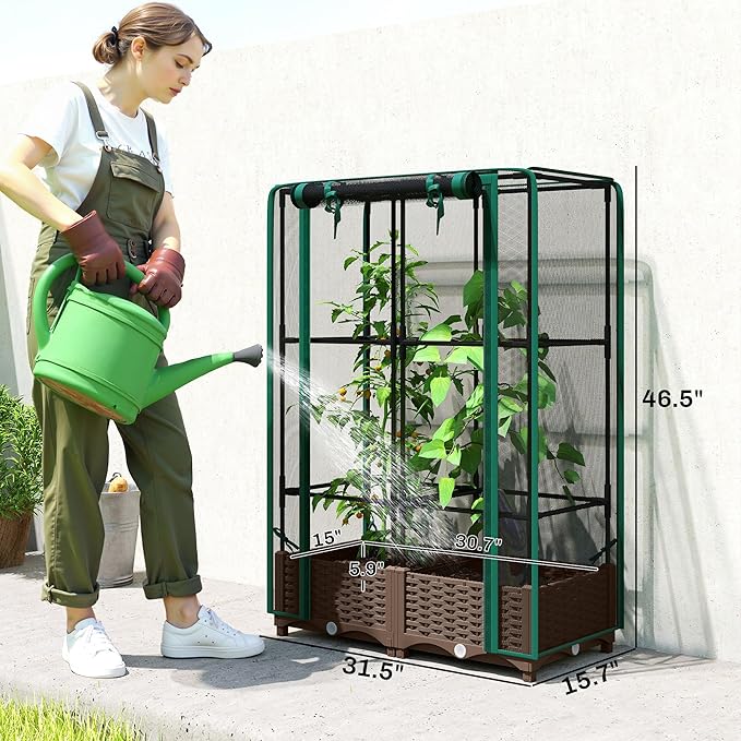 Outsunny Raised Garden Bed with Trellis 46.5 Tomato Cage with Crop Cage Self Watering Planter Box with Drainage Holes and Plugs for Outdoor Patio Climbing Plants Vines Vegetables Flowers Green