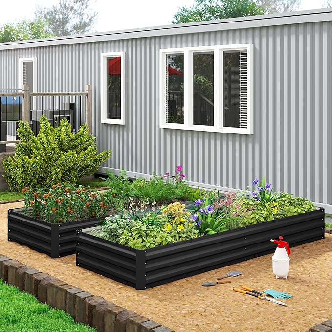 Outsunny Galvanized Raised Garden Bed 8' x 3' x 1' Metal Planter Box for Growing Vegetables Flowers Herbs Succulents Black