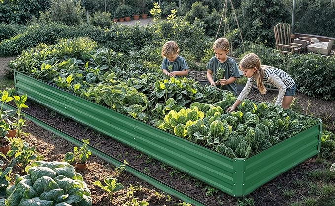 YITAHOME 144x48x12 in Galvanized Raised Garden Bed Kit Large Metal Planter Box with Gloves Safety Rubber &amp Support Rod Outdoor Flower Bed for Plants Vegetables Green
