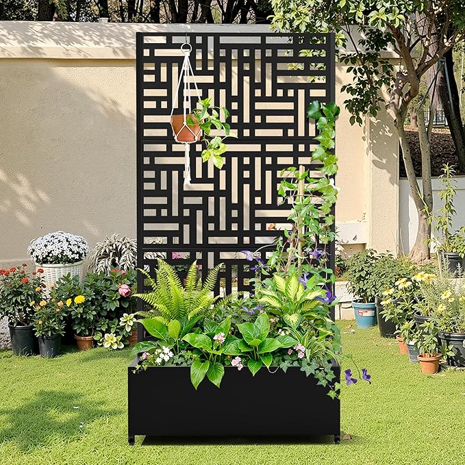 Metal Raised Garden Bed with Trellis 2-in-1 Planter Box &amp Privacy Screen for Climbing Plants Outdoor Standing Flower Bed with Drainage Holes 35.4 L x 15.7 W x 70.1 H Black-Helen