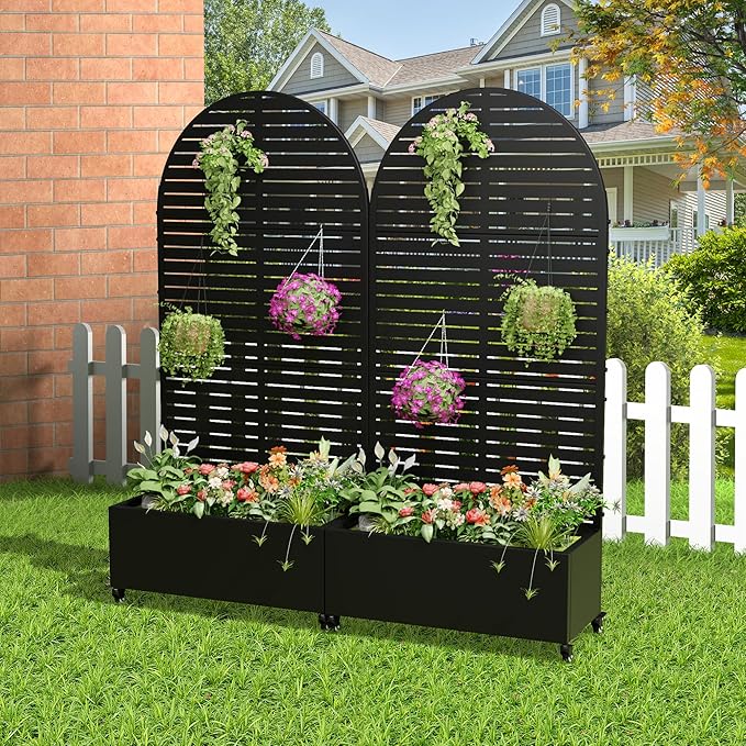 Casaphoria Metal Raised Garden Bed with Trellis and Wheels 72x35x16 Arched Planter Box for Climbing Plants Vegetables &amp Vines Features Drainage Holes and Privacy Screen (Black-Louvered)