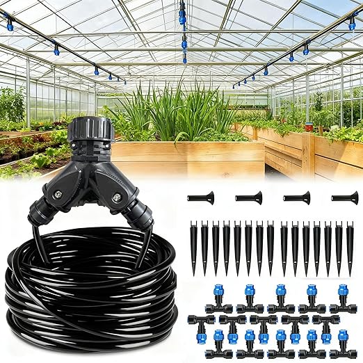 NACNO59FT [Selected Size] Greenhouse Misting Cooling System - DIY Automatic Irrigation Kit for Hanging Plants Patio &amp Garden. Adjustable Atomizing Nozzles with 1/4 Tubing &amp Quick Connector D