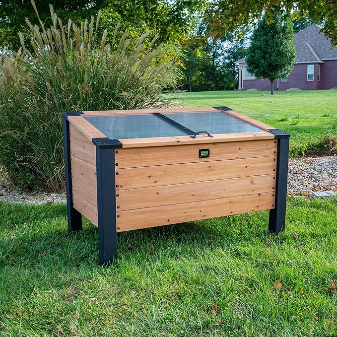 Backyard Discovery Aggie 4' x 2' Cedar Wood Cold Frame Portable Mini Greenhouse Raised Garden Planter with Temperature-Activated Polycarbonate Lid Mesh Drainage for Year-Round Outdoor Gardening