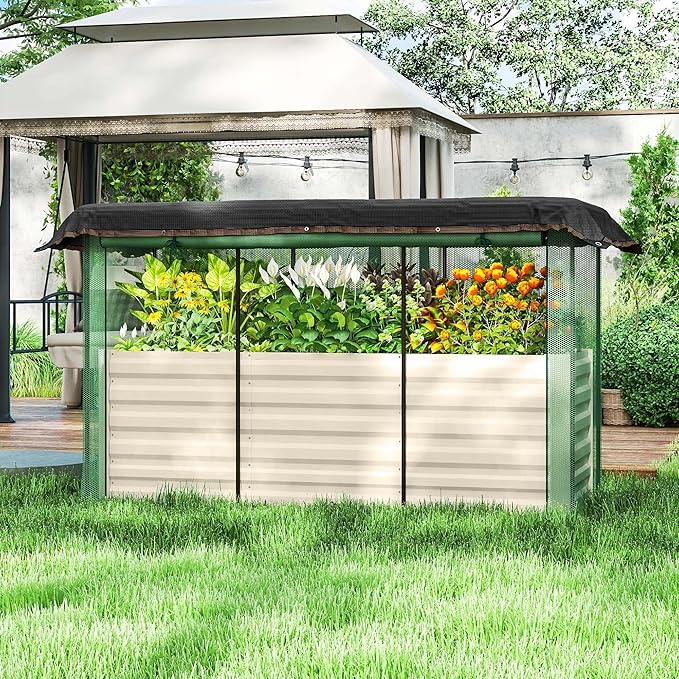 Premium Heavy-Duty Galvanized Steel Raised Planter Box with Vegetable Crop Protection Cage UV-Blocking Shade Cloth Beige Finish Durable Construction