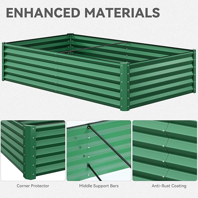 YITAHOME 2pcs 8x4x1.5 in Galvanized Raised Garden Bed Kit Large Metal Planter Box with Gloves Safety Rubber &amp Support Rod Outdoor Flower Bed for Plants Vegetables Green