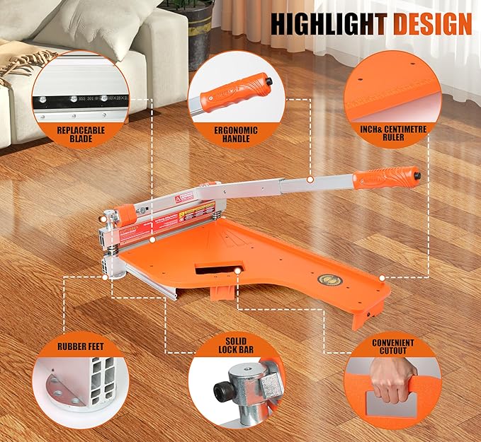 13 Pro.Floor Cutter-No DustNo NoiseNo Electricity. Multi-Angle Cuts for LaminateVinylWood &amp MorePro. ALU Long Leverage HandleLonglife HSS BladeSafe &amp Easy to Use! Orange &amp Wheeled