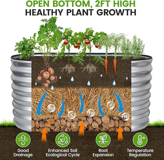 Galvanized Raised Garden Bed Outdoor 24'' Deep | Oval Metal Garden Beds with Easy Assembly &amp Planter Box for Planting Deep Root Vegetables Fruits Flowers 4x2x2ft Silver