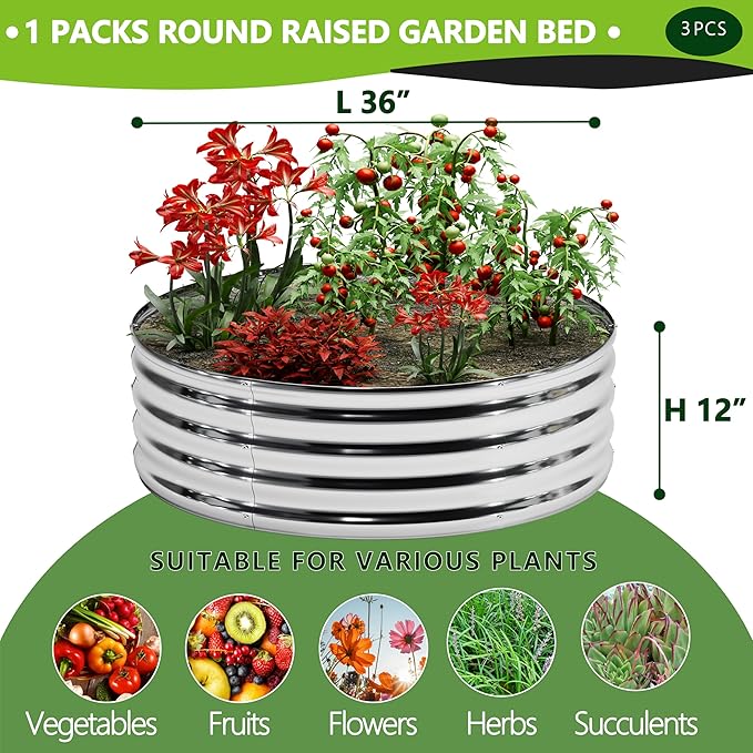 3PCS 3x3x1FT Galvanized Raised Garden Bed KitVegetable Boxes-Round Metal Flower BoxLarge Planter Raised Beds Outdoor Garden for PlantingFruitHerb-Silver