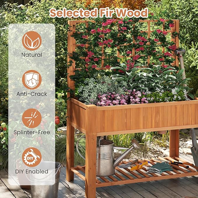 Raised Garden Bed Wooden Elevated Planter with Trellis &amp Storage Shelf All-in-One Planter for Patio Yard Balcony Outdoor Garden Enthusiasts Brown