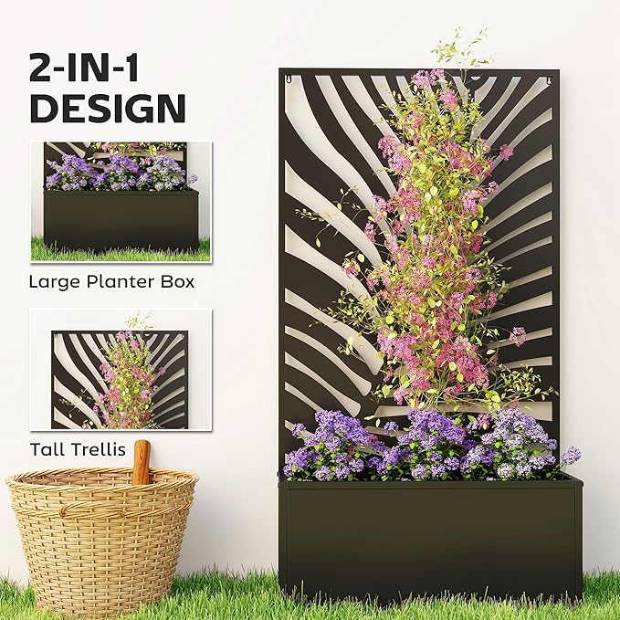 Outsunny Metal Raised Garden Bed with Trellis for Climbing Plants Freestanding or Wall Mounted Flower Bed with Privacy Panel Large Leaf Cut-Out Outdoor Planter Box for Garden Patio Balcony