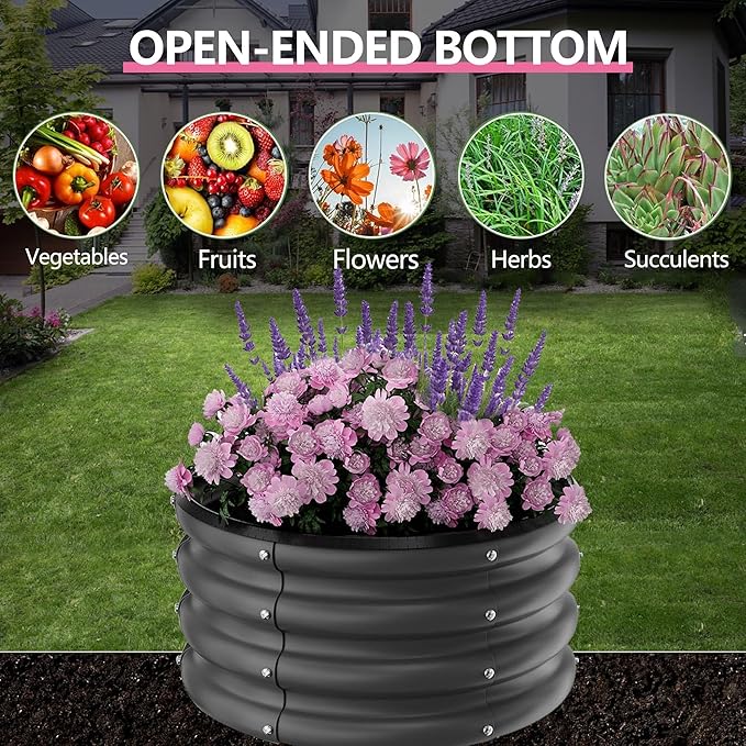 IDEALHOUSE Metal Raised Garden Bed 3 Pack 2×2×1 ft Round Outdoor Planter Boxes Durable Galvanized Steel Containers for Vegetables Fruits Flowers Open Bottom Easy Assembly Black