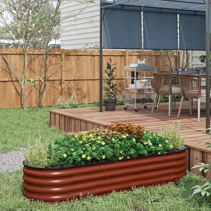 6.5' x 2' x 1.4' Galvanized Raised Garden Bed Kit Outdoor Metal Planter Box with Safety Edging Easy DIY Stock Tank for Growing Flowers Herbs &amp Vegetables - Brown