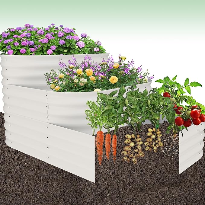 Galvanized Steel Raised Garden Bed Kit 3-in-1 Modular Outdoor Planter Box Large 61x42x31 Garden Box for Vegetables Herbs and Flowers Open Base Design for Healthy Plants White