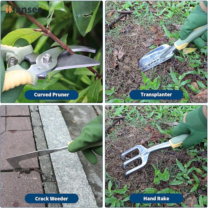 Set of 12 Garden Tool iHansee Heavy-Duty Aluminum Gardening Hand Tools with Rubber Non-Slip Handle Garden Apron Gloves Kneeling Pad and Storage Bag Garden Hand Tools Starter Kit Landscaping Tools
