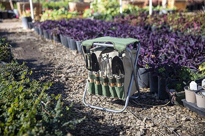 Picnic TIME Star Wars The Mandalorian Grogu Gardener Folding Seat with Tools 5 Piece Garden Tool Set with Folding Stool and Detachable Tote Organizer (Olive Green with Beige Accents)