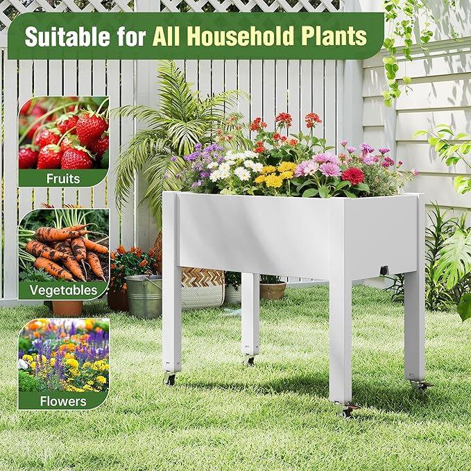Elevated Raised Garden Bed with Wheels - Outdoor Mobile Resin Planter Box with Drainage Holes for Vegetables Flower Herbs Weather Resistant White (26.3 h)